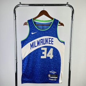 Maillot de Basket #34 Antetokounmpo Milwaukee Bucks 23-24 city Bleu Imprimé